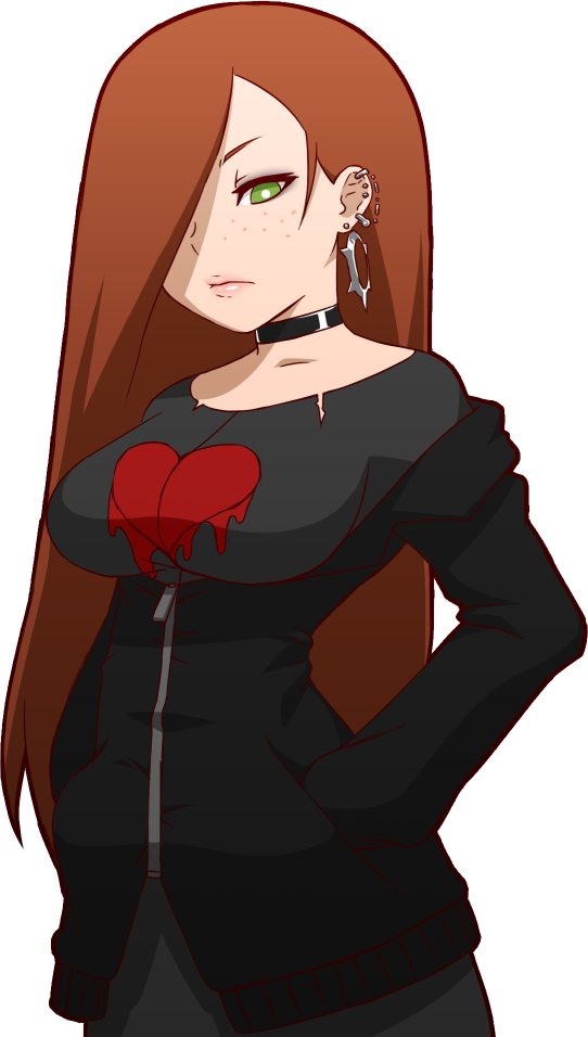 1girl alternate_costume breasts brown_hair choker ear_piercing earrings freckles gravity_falls green_eyes hair_over_one_eye hands_in_pockets heart jewelry large_breasts long_hair makeup mike_inel piercing pink_lips solo torn_clothes transparent_background wendy_corduroy