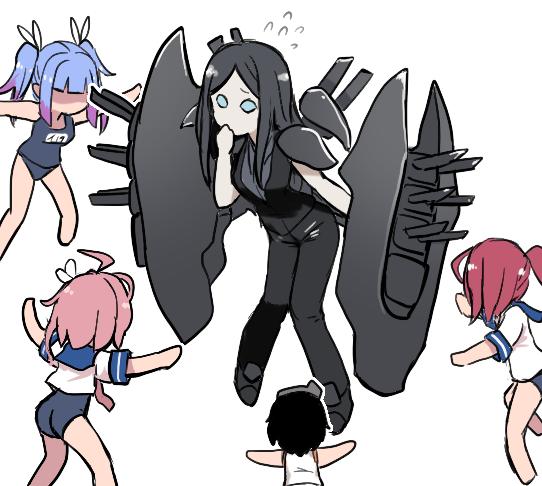 5girls armor bangs black_hair blue_hair cannon clothes_writing commentary_request flying_sweatdrops goggles goggles_on_head hair_ornament hair_ribbon headgear i-168_(kantai_collection) i-19_(kantai_collection) i-58_(kantai_collection) kantai_collection long_hair machinery maru-yu_(kantai_collection) multiple_girls pale_skin parted_bangs pink_hair ponytail redhead ribbon rigging ru-class_battleship sailor_collar school_swimsuit school_uniform serafuku shinkaisei-kan short_sleeves simple_background sleeveless swimsuit swimsuit_under_clothes terajin tri_tails weapon white_background white_ribbon white_swimsuit