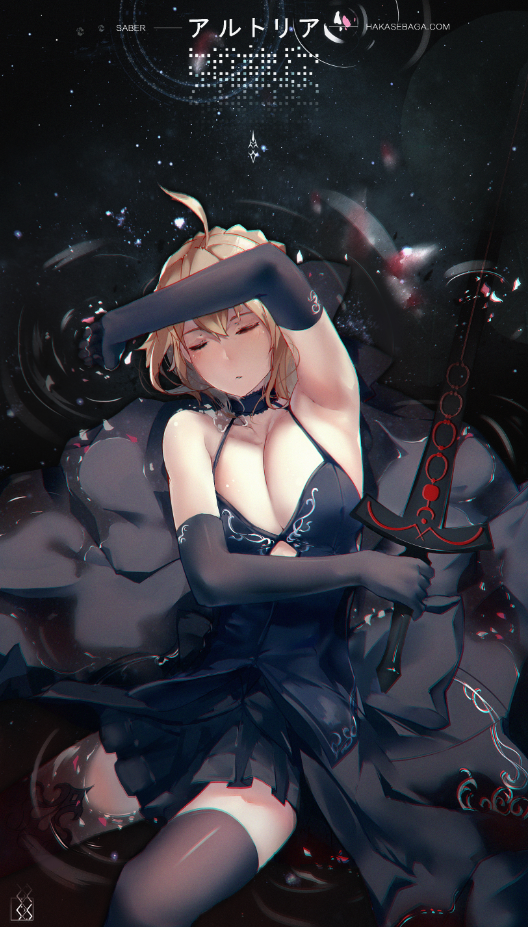 1girl ahoge arm_up black_dress black_gloves black_legwear blonde_hair braid breasts character_name cleavage closed_eyes dress elbow_gloves fate/stay_night fate_(series) from_above gloves gothic_lolita large_breasts lolita_fashion parted_lips partially_submerged saber saber_alter short_hair sidelocks sitting solo thigh-highs thighs