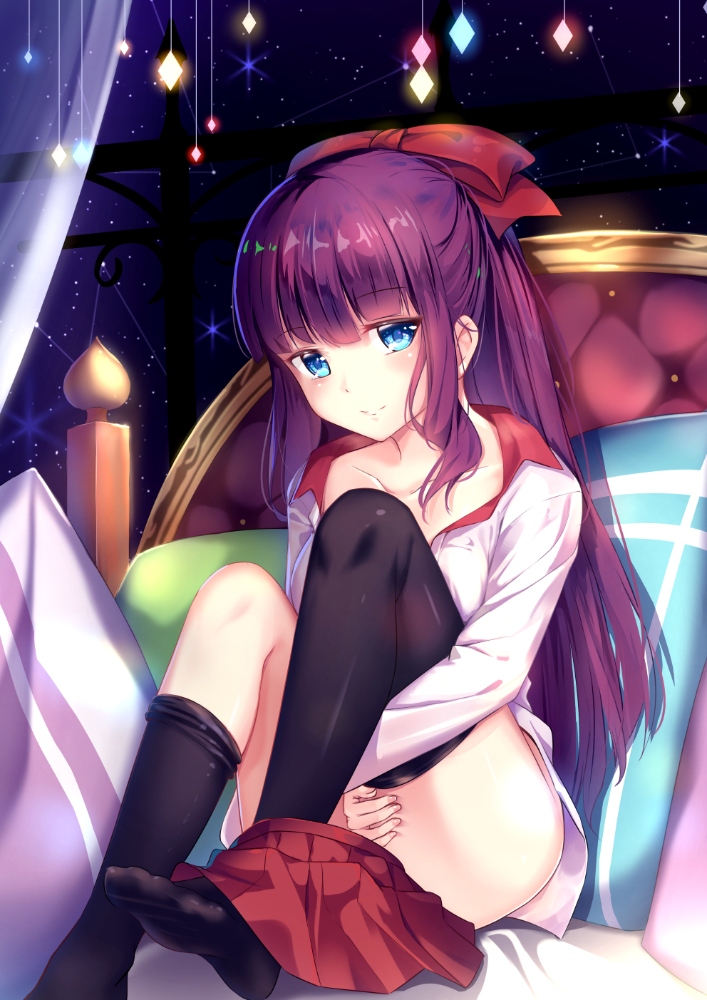 1girl bangs bed bed_sheet black_legwear blue_eyes breasts closed_mouth collarbone collared_shirt commentary_request curtains eyebrows_visible_through_hair feet hair_ribbon highres leg_hug long_hair medium_breasts new_game! night no_shoes on_bed pillow pleated_skirt purple_hair red_ribbon red_skirt ribbon shirt sidelocks sitting skirt skirt_around_one_leg skirt_removed solo star takimoto_hifumi thigh-highs thighhighs_pull transparent white_shirt yan_(nicknikg)
