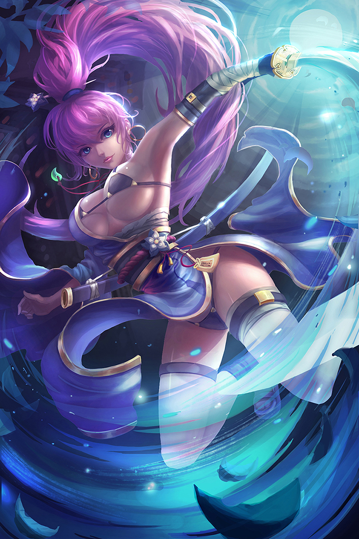 1girl blue_eyes blush breasts cleavage closed_mouth high_ponytail holding holding_sword holding_weapon katana large_breasts long_hair looking_at_viewer original pink_hair sheath sideboob smile solo sword thigh-highs thong weapon white_legwear yclok