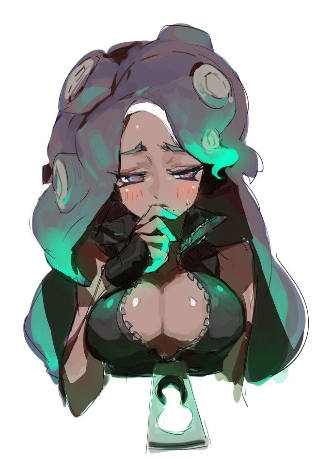 1girl bare_shoulders blue_eyes blush breasts cleavage crop_top dark_skin finger_to_mouth green_hair green_nails half-closed_eyes iida_(splatoon) large_breasts long_hair mole mole_under_mouth multicolored_hair nail_polish octarian partially_unzipped purple_hair shy simple_background solo splatoon splatoon_2 sweatdrop tentacle_hair two-tone_hair white_background yutoriro zipper zipper_pull_tab