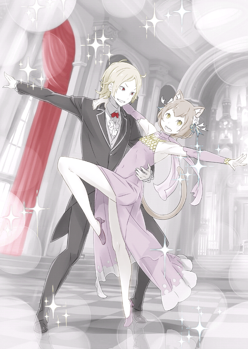 2boys :d animal_ears arm_around_neck arm_around_waist armpits bangs bare_legs black_blazer black_pants black_shoes blazer blonde_hair blue_ribbon bob_cut bow brown_hair cat_ears cat_tail coattails collared_shirt commentary_request covered_navel curtains dancing detached_sleeves dot_nose dot_pupils dress dress_shirt dutch_angle felix_argyle formal fourier_rugnica frilled_dress frilled_sleeves frills groin hair_bow hair_ribbon halter_dress high_heels indoors jacket knee_up light_particles long_sleeves looking_at_another looking_at_viewer male_focus multiple_boys open_mouth otoko_no_ko outstretched_arm outstretched_hand pale_color pants parted_bangs purple_dress purple_shoes raised_eyebrows re:zero_kara_hajimeru_isekai_seikatsu red_eyes ribbon see-through see-through_silhouette shirt shoes short_eyebrows short_hair smile sparkle stairs striped striped_ribbon tail tango teeth thick_eyebrows tile_floor tiles trap tuxedo vest white_bow white_shirt white_vest wing_collar yellow_eyes