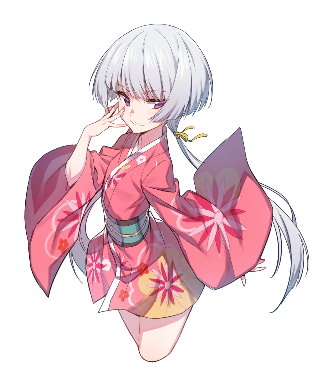 1girl bangs blunt_bangs closers cropped_legs eyebrows_visible_through_hair floral_print grey_hair grin hand_on_own_face japanese_clothes kimono looking_at_viewer low_twintails obi sash short_kimono simple_background smile solo supernew tina_(closers) twintails violet_eyes white_background wide_sleeves