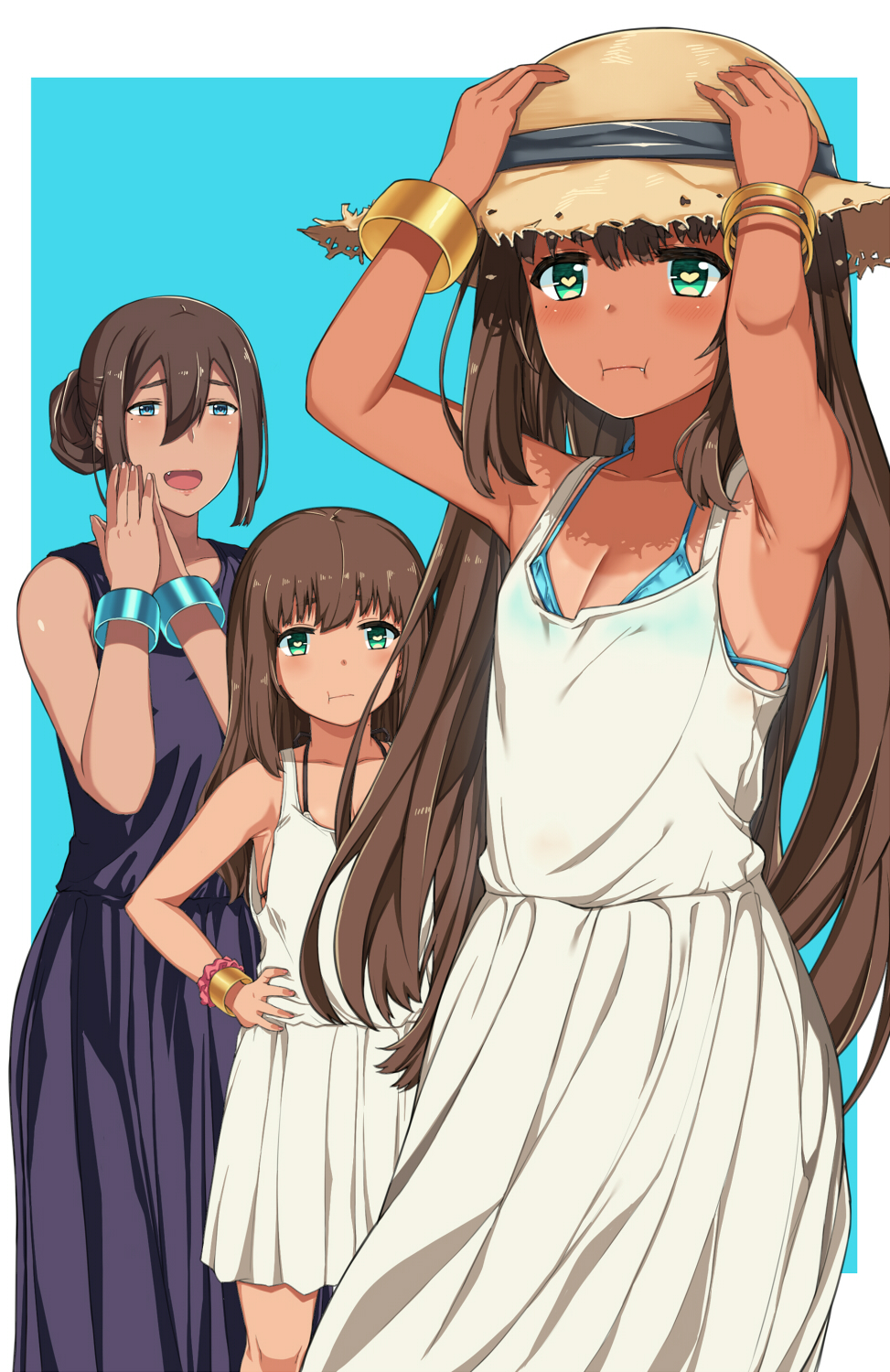 :d :i :t aqua_eyes armpits arms_up bikini blue_bikini blush bracelet breasts brown_hair cleavage dress fang hai_ookami hand_on_hip hat heart heart-shaped_pupils highres jewelry long_hair looking_at_viewer mole mole_under_eye open_mouth original pout sleeveless sleeveless_dress smile sun_hat swimsuit symbol-shaped_pupils tan tanline white_dress