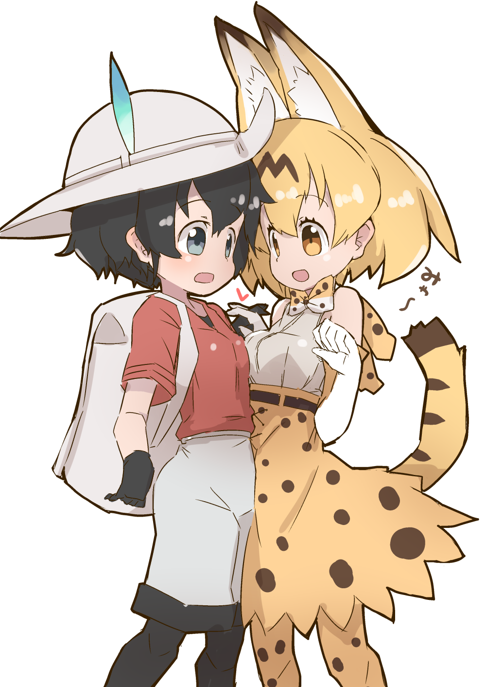 2girls :d animal_ears backpack bag bare_shoulders belly_to_belly black_gloves black_hair black_legwear blonde_hair blue_eyes bow bowtie breast_press bucket_hat commentary elbow_gloves extra_ears gloves hat hat_feather high-waist_skirt highres holding interlocked_fingers kaban_(kemono_friends) kemono_friends multiple_girls open_mouth paw_pose print_bowtie print_legwear print_skirt red_skirt serval_(kemono_friends) serval_ears serval_print serval_tail shirt short_hair shorts simple_background skirt sleeveless sleeveless_shirt smile symmetrical_docking t-shirt tail teranekosu white_background white_shirt white_shorts yellow_eyes