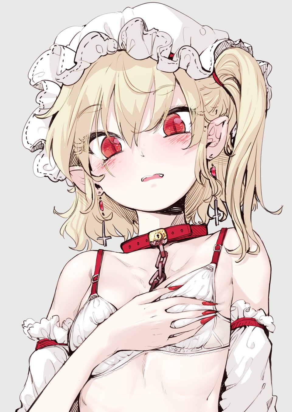 1girl blonde_hair blush bra chains collar cross cross_earrings detached_sleeves earrings fang fingernails flandre_scarlet geppewi hat highres jewelry looking_at_viewer mob_cap nail_polish pointy_ears red_collar red_eyes red_nails sharp_fingernails simple_background solo touhou underwear upper_body white_bra