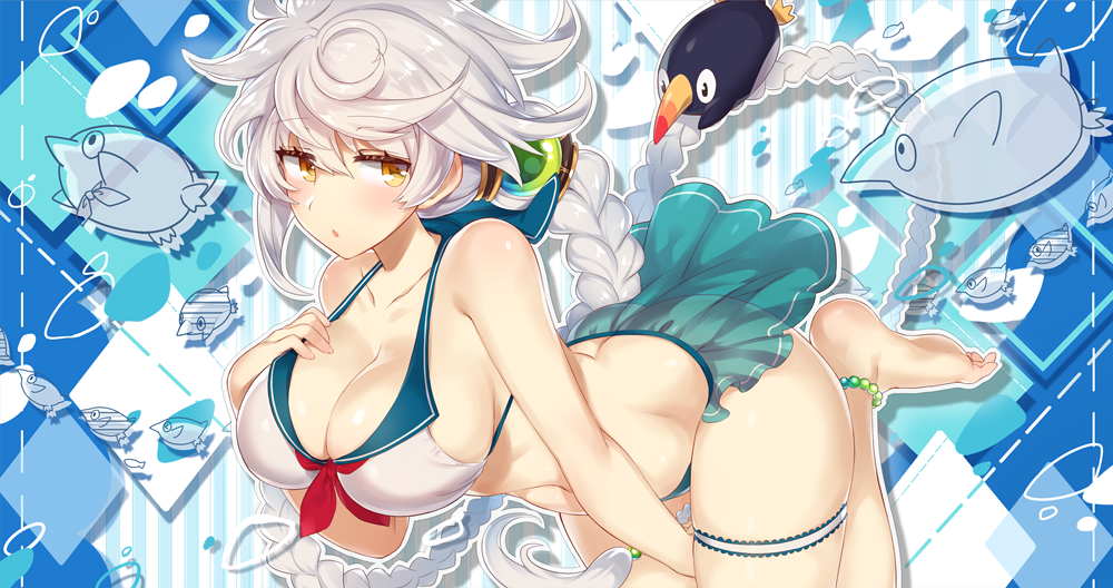 1girl ass asymmetrical_hair bare_shoulders bent_over between_legs bikini blush braid breasts brown_eyes cleavage collarbone commentary_request failure_penguin frilled_bikini frills hand_between_legs kantai_collection large_breasts long_hair looking_to_the_side open_mouth sailor_bikini sailor_collar shiny shiny_hair shiny_skin silver_hair single_braid swimsuit thigh_strap unryuu_(kantai_collection) very_long_hair wavy_hair white_bikini yamaarashi yellow_eyes