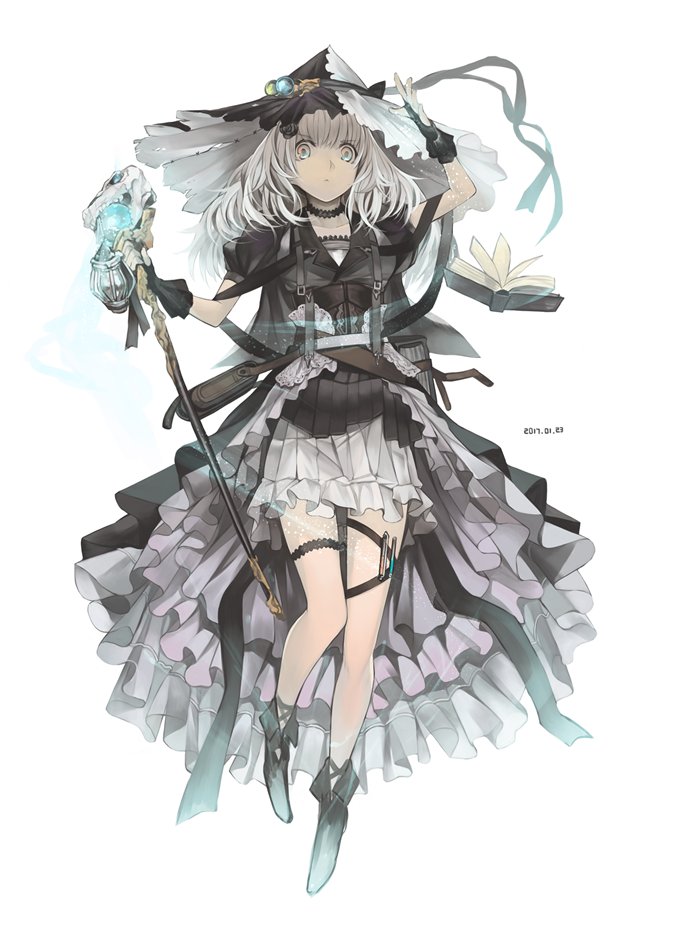 1girl arm_up bangs black_boots black_dress black_gloves boots closed_mouth dated dress eyebrows_visible_through_hair frills full_body gloves grey_eyes grey_hair hat holding holding_staff long_hair looking_at_viewer original puffy_short_sleeves puffy_sleeves rayvon short_sleeves simple_background skirt solo staff white_background white_skirt witch witch_hat