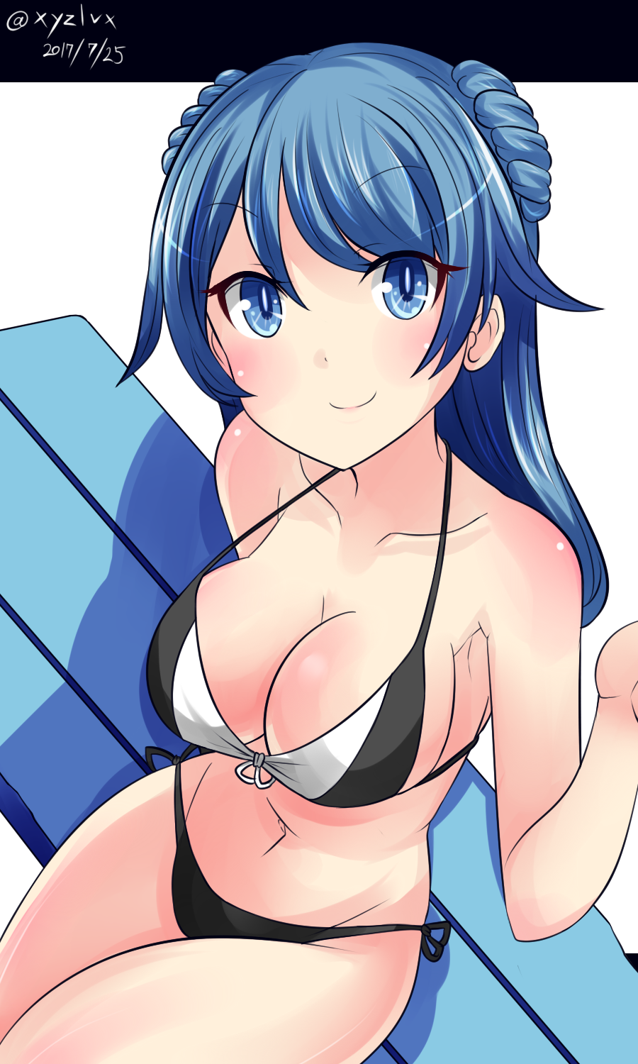 1girl bench bikini blue_eyes blue_hair breasts commentary_request dated double_bun eyebrows_visible_through_hair hebitsukai-san highres kantai_collection large_breasts looking_at_viewer smile solo swimsuit urakaze_(kantai_collection) white_background