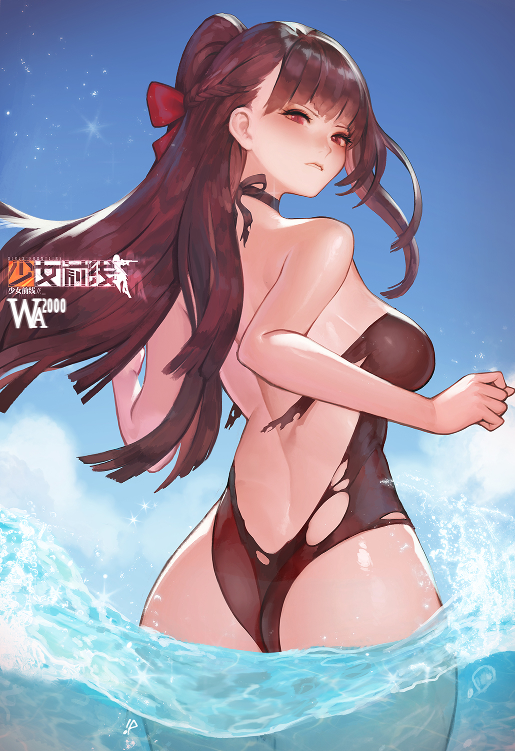 1girl ass bare_back bow breasts brown_eyes brown_hair bullpup girls_frontline gun hair_bow highres instant_ip large_breasts lips long_hair looking_at_viewer looking_back parted_lips rifle sniper_rifle solo torn_bikini wa2000_(girls_frontline) walther walther_wa_2000 water weapon