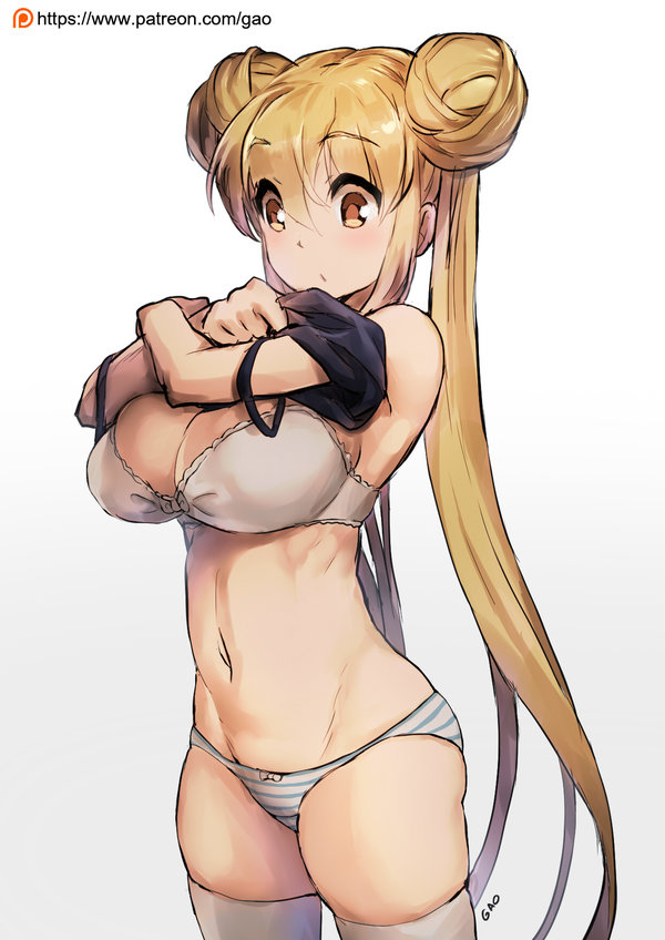 1girl artist_name bangs bare_shoulders blonde_hair blush bow bow_bra bow_panties bra breasts camisole cleavage cowboy_shot double_bun eyebrows_visible_through_hair gao-lukchup groin hair_between_eyes hands_up large_breasts legs_apart long_hair midriff navel original panties patreon_logo patreon_username simple_background skindentation solo spaghetti_strap standing stomach striped striped_panties thigh-highs twintails underwear undressing very_long_hair watermark web_address white_background white_bow white_bra yellow_eyes