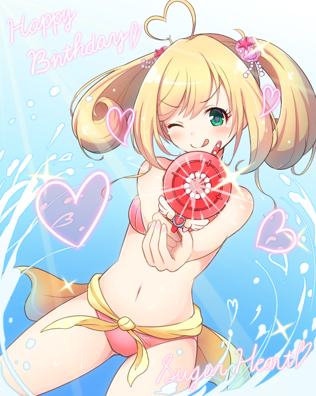1girl ahoge blonde_hair blush breasts closed_mouth eyebrows_visible_through_hair green_eyes happy_birthday heart heart_ahoge idolmaster idolmaster_cinderella_girls looking_at_viewer medium_breasts navel one_eye_closed qixi_cui_xing satou_shin short_twintails smile solo swimsuit tongue tongue_out twintails water_gun