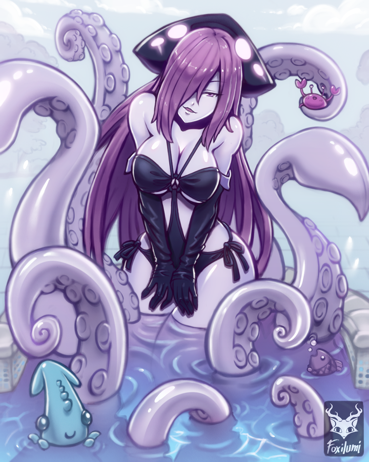 1girl artist_name bare_shoulders black_gloves breasts cleavage crab elbow_gloves fish foxilumi gloves hair_over_one_eye kraken_(monster_girl_encyclopedia) large_breasts light_smile long_hair looking_at_viewer monster_girl monster_girl_encyclopedia pale_skin parted_lips partially_submerged purple_hair scylla solo squid tentacle very_long_hair violet_eyes water