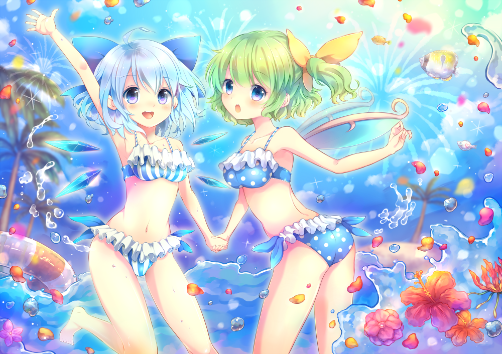 2girls :d :o ahoge arm_up bikini blue_bikini blue_eyes blue_hair bow breasts cirno collarbone commentary daiyousei fireworks fish flower frilled_bikini frills green_hair hair_bow hair_ribbon hand_holding ice ice_wings looking_at_viewer medium_breasts multiple_girls open_mouth palm_tree pjrmhm_coa polka_dot polka_dot_bikini ribbon short_hair side_ponytail smile striped swimsuit touhou tree vertical-striped_bikini vertical_stripes violet_eyes water water_drop waving wings