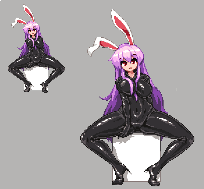 1girl animal_ears bodysuit breasts commentary_request covered_navel eyebrows_visible_through_hair grey_background high_heels large_breasts latex latex_suit long_hair looking_at_viewer pixel_art purple_hair rabbit_ears red_eyes reisen_udongein_inaba shiny shiny_clothes simple_background sitting skin_tight smile solo spread_legs takorin touhou very_long_hair