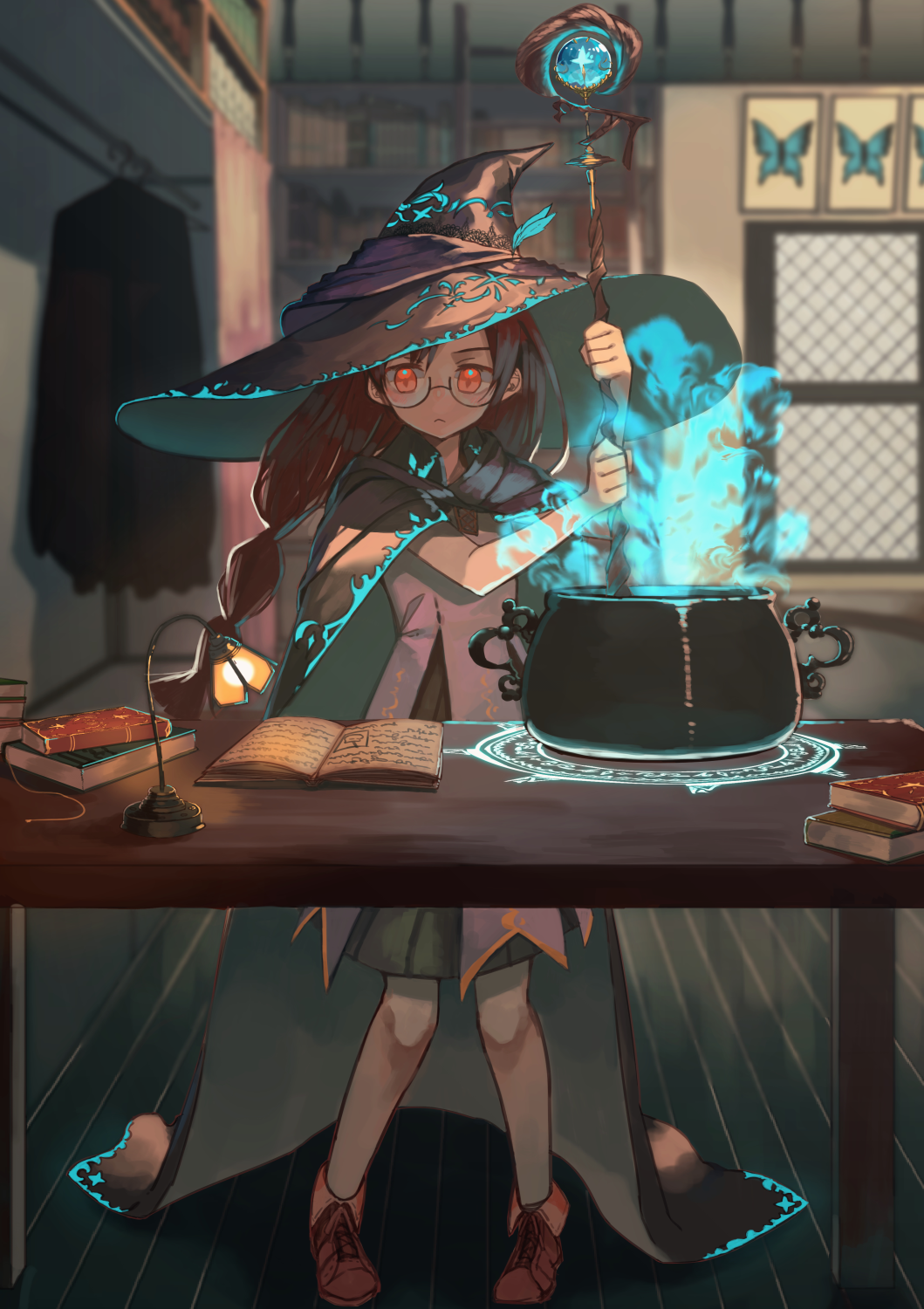 1girl :&lt; black_hair black_hat book cauldron desk_lamp glasses hat highres holding holding_staff lamp long_hair looking_away open_book original red_eyes staff table ukimesato witch_hat