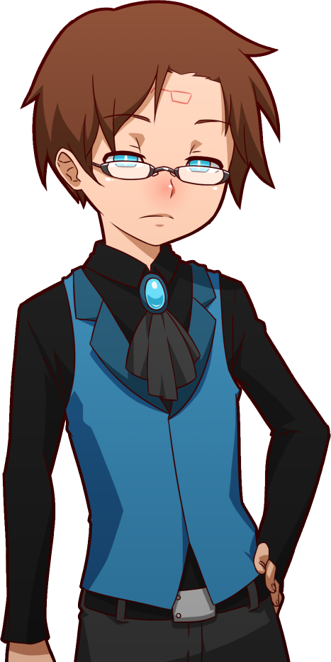 1boy belt belt_buckle bespectacled blue_eyes brown_hair buckle dipper_pines expressionless facial_mark forehead_mark glasses gravity_falls hand_on_hip male_focus mike_inel solo transparent_background vest