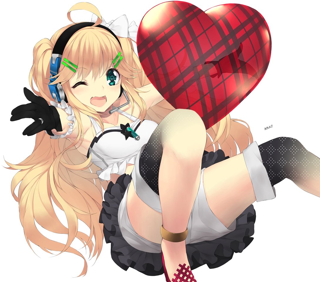 1girl ;d bangs black_legwear black_skirt blonde_hair bow collarbone eyebrows_visible_through_hair foreshortening frills green_eyes hair_bow hair_flaps hair_ornament hairclip headphones headset heart knees_up long_hair looking_at_viewer lying midriff on_back one_eye_closed open_mouth original outstretched_arms rayvon shorts shorts_under_skirt simple_background skirt smile solo star star-shaped_pupils symbol-shaped_pupils thigh-highs thighs two_side_up unmoving_pattern white_background white_bow white_shorts