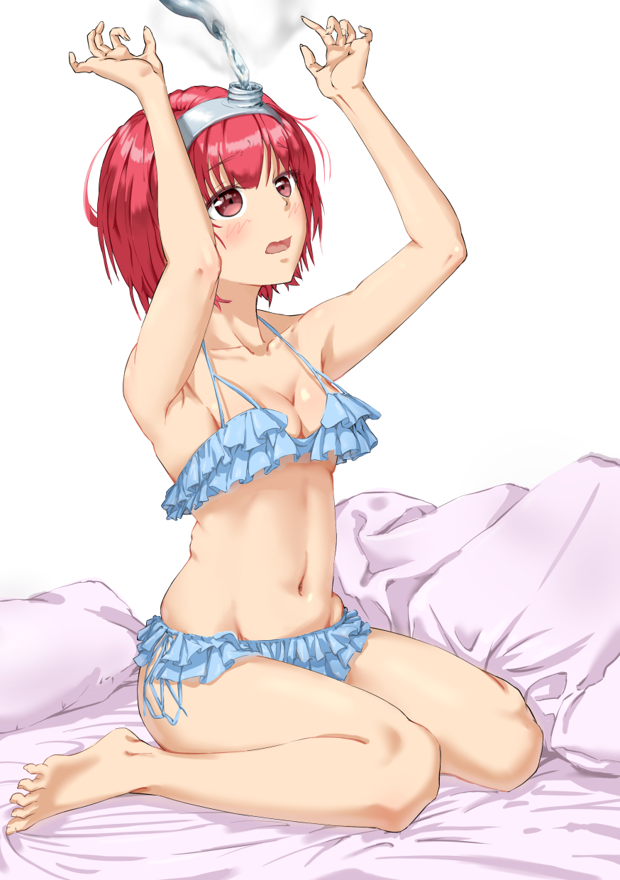 1girl armpits arms_up bangs barefoot bed_sheet bikini blue_bikini breasts cleavage eyebrows_visible_through_hair frilled_bikini frills frown full_body highres hip_vent hot_water_bottle katahama legs light_blush medium_breasts on_bed open_mouth original personification pillow pouring red_eyes redhead short_hair side-tie_bikini sitting skindentation solo swimsuit wariza water white_background