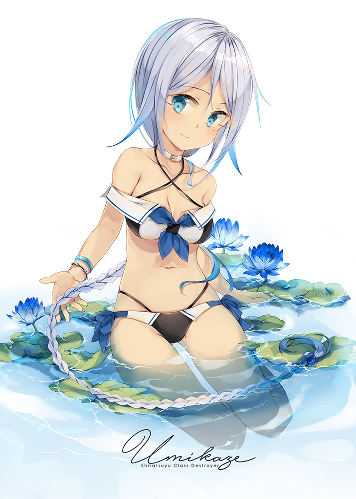 1girl adapted_costume bikini blue_eyes blue_flower bracelet braid breasts character_name collar collarbone flower halterneck jewelry kantai_collection lily_pad long_hair malachite medium_breasts mole mole_under_eye partially_submerged silver_hair single_braid smile solo swimsuit umikaze_(kantai_collection) very_long_hair water