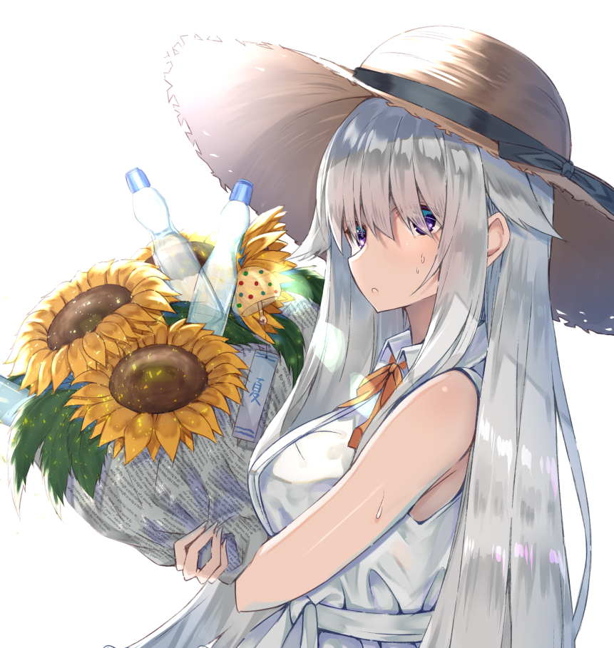 1girl bangs bouquet dress flower from_side grey_hair hair_flaps hair_over_eyes hat holding holding_bouquet kanikou lens_flare long_hair looking_at_viewer newspaper original parted_lips ramune sidelocks silver_hair simple_background solo straw_hat summer sun_hat sundress sunflower very_long_hair violet_eyes white_background white_dress