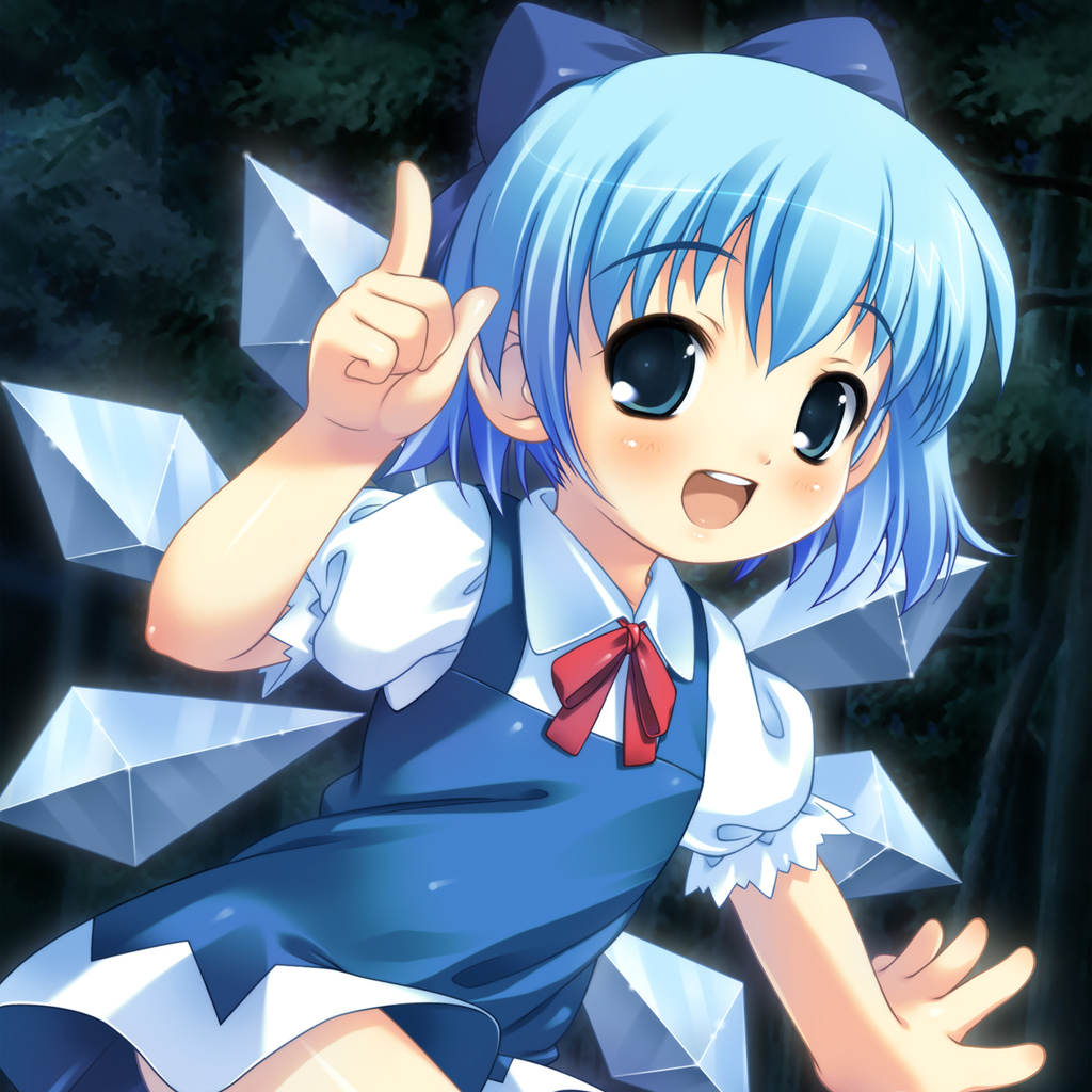1girl :d akiba_hideki blouse blue_bow blue_dress blue_eyes blue_hair blush bow cirno dress eyebrows_visible_through_hair hair_bow ice ice_wings index_finger_raised looking_at_viewer neck_ribbon open_mouth puffy_short_sleeves puffy_sleeves red_ribbon ribbon round_teeth short_hair short_sleeves smile solo teeth touhou upper_body white_blouse wing_collar wings