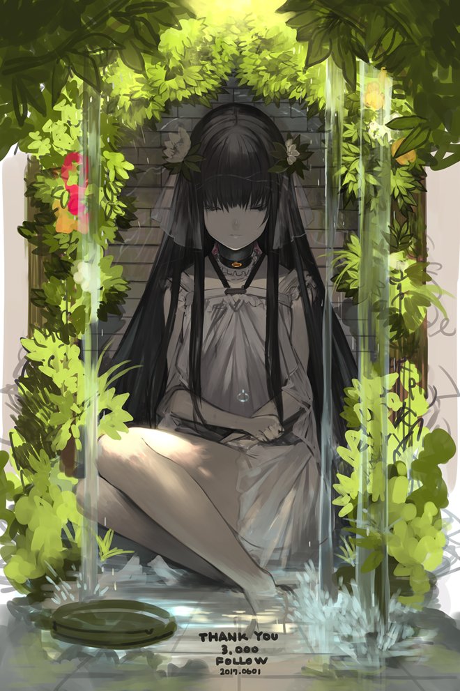 1girl bangs bare_legs barefoot black_hair closed_eyes closed_mouth day dress followers fountain legs_together long_hair original outdoors overgrown rayvon sidelocks sitting soaking_feet solo thank_you white_dress