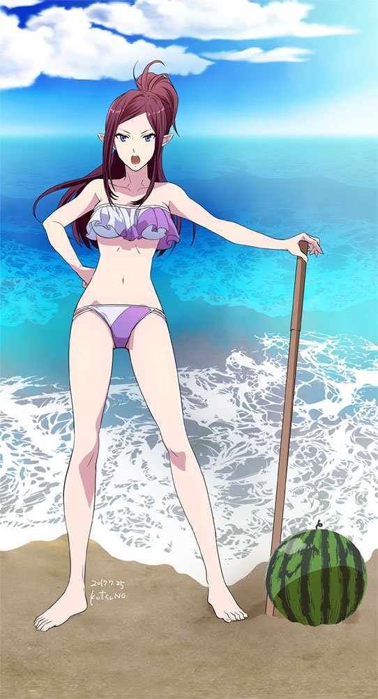1girl :o alternate_costume arm bare_arms bare_legs bare_shoulders barefoot beach bikini blue_eyes breasts clouds collarbone commentary commentary_request dated feet female food frilled_bikini frills fruit full_body hand_on_hip highres holding holding_sword holding_weapon holding_wooden_sword kutsuno legs long_hair looking_at_viewer macross macross_delta medium_breasts midriff mirage_farina_jenius multicolored multicolored_bikini multicolored_swimsuit navel neck ocean open_mouth outdoors pointy_ears ponytail pose purple_hair round_teeth sand sea serious sky solo standing strapless strapless_bikini strapless_swimsuit swimsuit sword teeth water watermelon weapon wooden_sword