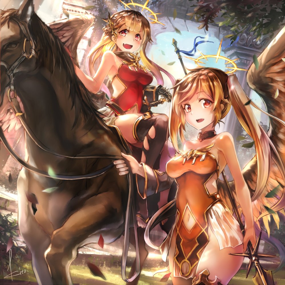 2girls :d artist_name bangs black_legwear blurry braid breasts bright_pupils brown_hair day depth_of_field dress dutch_angle eyebrows_visible_through_hair fang hair_ribbon half_updo halo hand_on_sword horse kantai_collection kito_(kito2) leaf long_hair medium_breasts multiple_girls murasame_(kantai_collection) navel open_mouth outdoors pelvic_curtain pink_eyes polearm red_eyes ribbon short_dress side_braid single_detached_sleeve single_gauntlet single_thighhigh single_wing sitting smile spear strapless strapless_dress sunlight swept_bangs thigh-highs toeless_legwear twintails weapon wings yuudachi_(kantai_collection)
