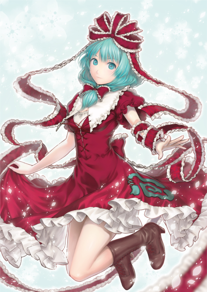 1girl aqua_eyes aqua_hair arm_ribbon bangs boots bow commentary_request dress frills front_ponytail full_body hair_bow hair_ribbon kageharu kagiyama_hina looking_at_viewer red_dress ribbon sidelocks simple_background smile solo touhou