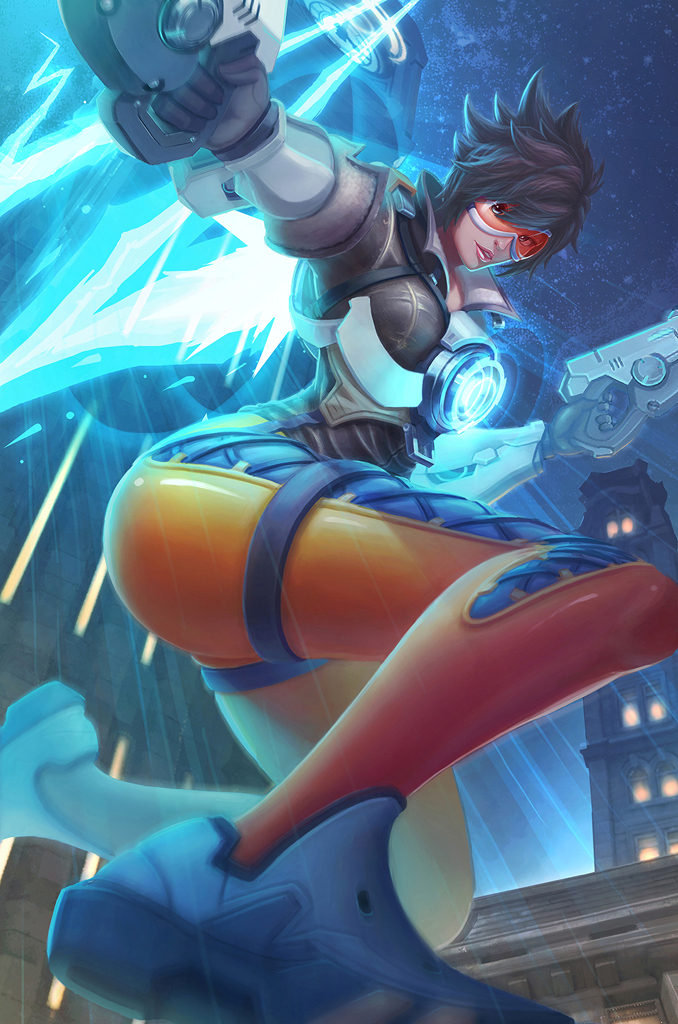 1girl blush breasts brown_eyes brown_hair dual_wielding goggles gun holding holding_gun holding_weapon large_breasts looking_at_viewer overwatch parted_lips short_hair smile solo tracer_(overwatch) weapon yclok
