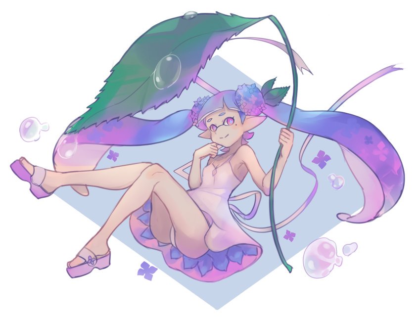 1girl bangs domino_mask dress flower hair_ornament holding hydrangea inkling invisible_chair leaf leaf_umbrella light_smile long_hair mask mimimi_(echonolog) minigirl mole mole_under_eye oversized_object panties pantyshot pointy_ears purple_hair purple_shoes sandals shoes sitting solo spaghetti_strap splatoon tentacle_hair underwear violet_eyes water_drop water_droplets white_dress white_panties