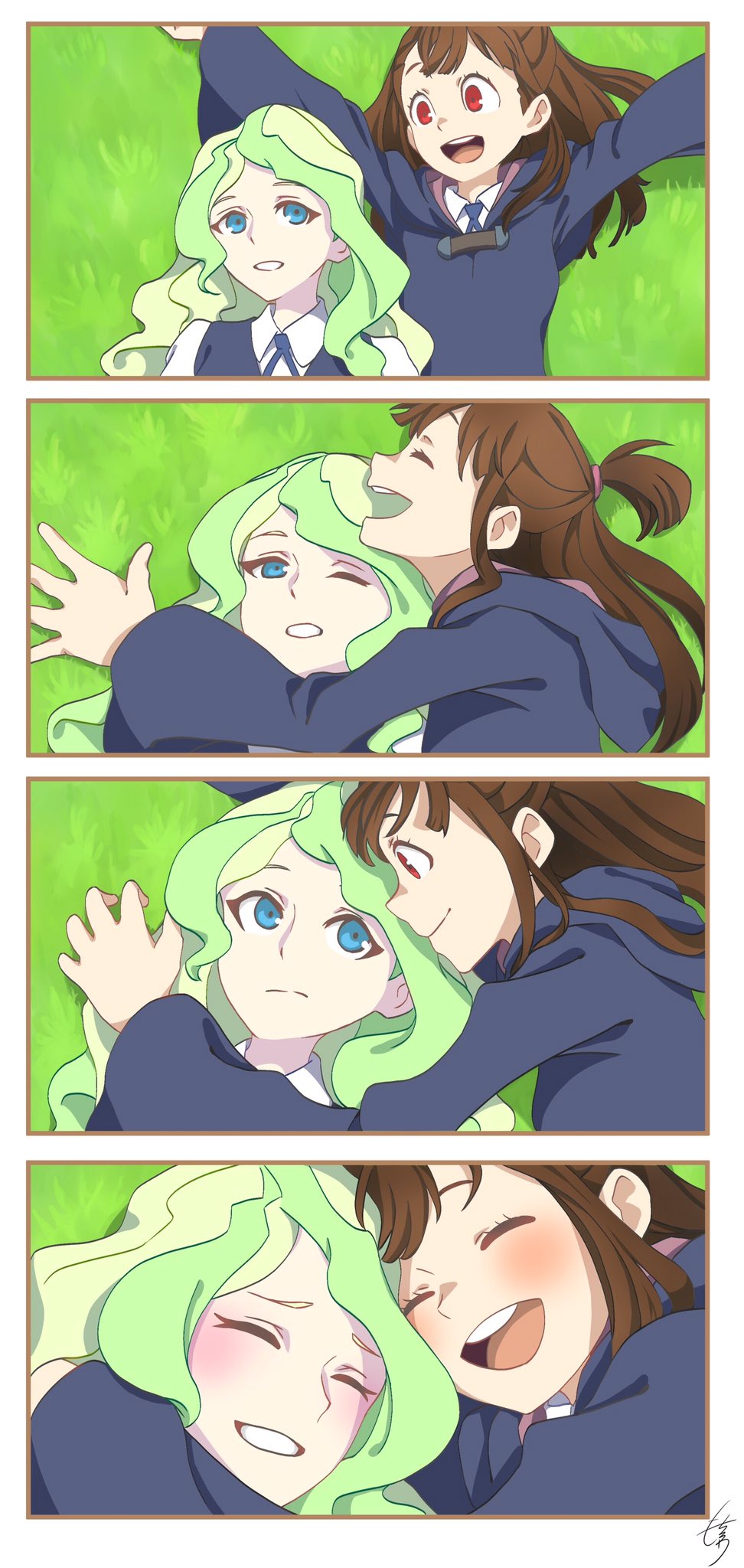 2girls 4koma :d ;d ^_^ ^o^ blue_eyes blush brown_hair cloak closed_eyes comic diana_cavendish grass green_hair happy highres hood hooded_cloak hug kagari_atsuko little_witch_academia long_hair long_sleeves looking_at_another lying multiple_girls on_back on_grass one_eye_closed open_mouth outstretched_arms red_eyes school_uniform smile spread_arms textless yuri
