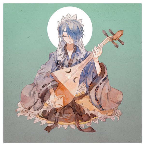 1girl blue_hair closed_eyes fire_emblem fire_emblem_if hair_over_one_eye instrument japanese_clothes music playing_instrument seiza setsuna_(fire_emblem_if) shamisen shourou_kanna simple_background sitting solo