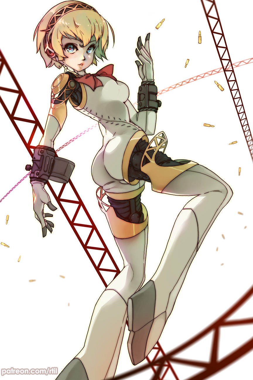 1girl aegis_(persona) android ass blonde_hair blue_eyes breasts bullet girder headphones highres medium_breasts no_feet persona persona_3 robot_joints rtil short_hair solo