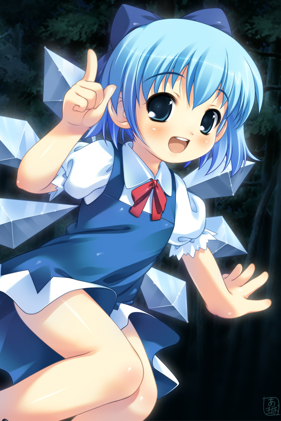 1girl :d akiba_hideki blouse blue_bow blue_dress blue_eyes blue_hair blush bow cirno dress eyebrows_visible_through_hair hair_bow ice ice_wings index_finger_raised looking_at_viewer neck_ribbon open_mouth puffy_short_sleeves puffy_sleeves red_ribbon ribbon round_teeth short_hair short_sleeves smile solo teeth touhou white_blouse wing_collar wings