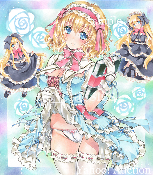 3girls alice_margatroid artist_name at_classics bangs black_bow black_dress black_shoes blonde_hair blue_eyes book bow bow_panties bowtie breasts capelet cleavage closed_mouth dress dress_lift eyebrows_visible_through_hair floral_background frilled_dress frills gloves groin hair_between_eyes hair_bow hairband holding holding_book large_breasts lifted_by_self long_hair long_sleeves looking_at_viewer multiple_girls panties pink_bow pink_bowtie ribbon-trimmed_legwear ribbon_trim sample shanghai_doll shoe_bow shoes short_hair short_sleeves sidelocks smile thigh-highs touhou traditional_media underwear very_long_hair watermark wavy_hair white_gloves white_legwear white_panties
