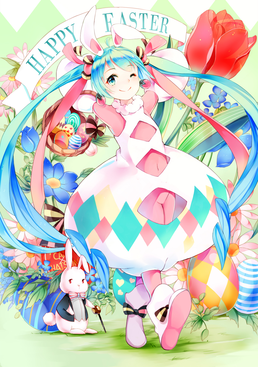 1girl amicis_(amisic) blue_eyes blue_hair easter happy_easter hatsune_miku highres long_hair one_eye_closed rabbit smile twintails very_long_hair vocaloid