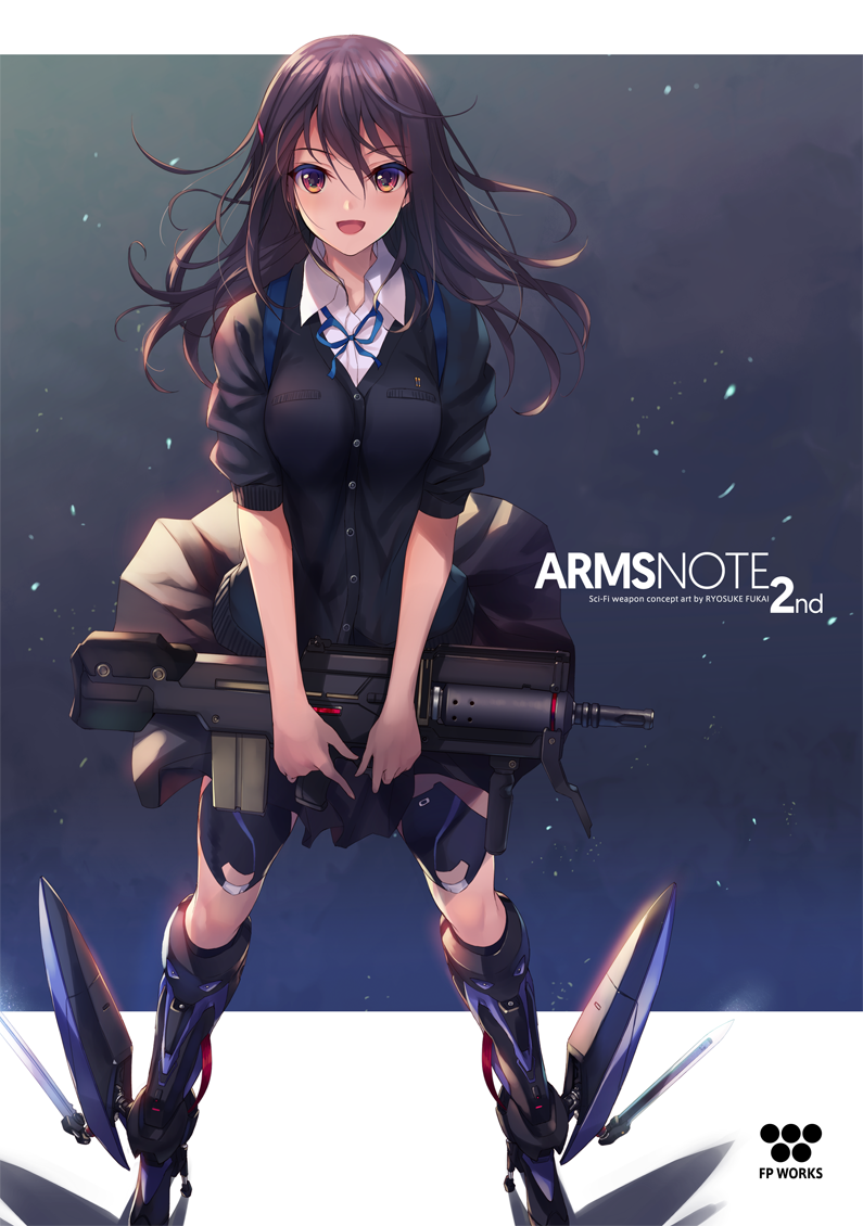 1girl blush brown_eyes brown_hair cardigan commentary_request fukai_ryousuke gun hair_ornament hairclip holding holding_weapon long_hair looking_at_viewer mechanical_legs open_mouth original pleated_skirt popped_collar rifle school_uniform shirt skirt sleeves_rolled_up smile solo weapon white_shirt