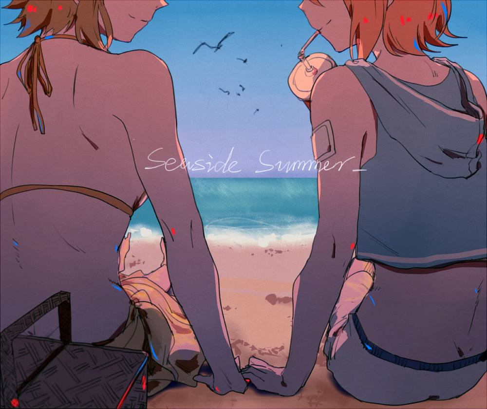 2girls _ul back bandaid bare_arms bare_shoulders barefoot beach bikini bikini_shorts bikini_skirt bird blonde_hair blue_hoodie blue_sky crop_top drinking drinking_straw dusk elbow eye_contact from_behind gauze green_hair gumi head_out_of_frame hood hoodie kagamine_rin looking_at_another midriff multiple_girls ocean picnic_basket sand seagull short_hair shorts shoulder_blades sitting sky sleeveless sleeveless_hoodie smile soda_cup spaghetti_strap swimsuit vocaloid yuri