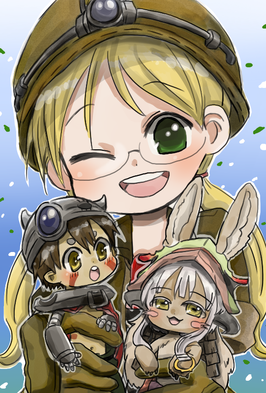 1boy 2girls animal_ears blonde_hair blush fur glasses green_eyes hat helmet looking_at_viewer made_in_abyss multiple_girls nanachi_(made_in_abyss) navel open_mouth regu_(made_in_abyss) riko_(made_in_abyss) twintails whiskers white_hair yellow_eyes