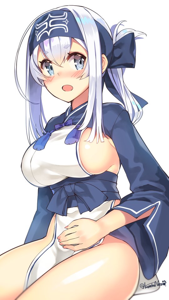 1girl ainu_clothes blue_eyes blue_headband blue_jacket blush breasts cropped_jacket folded_ponytail hand_on_own_stomach headband jacket kamoi_(kantai_collection) kantai_collection kuro_chairo_no_neko long_hair long_sleeves looking_at_viewer open_mouth pelvic_curtain sash sideboob silver_hair simple_background sitting solo thick_eyebrows twitter_username white_background