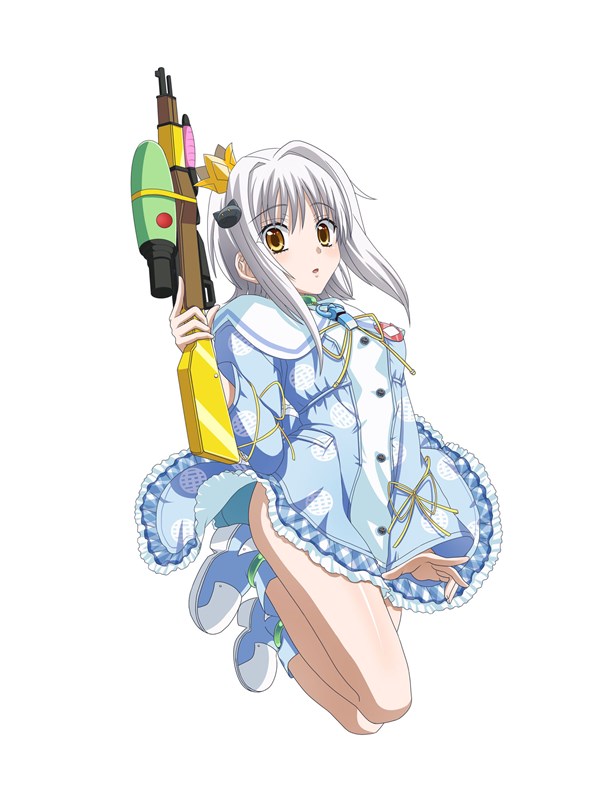 1girl blue_boots blue_dress boots cat_hair_ornament cosplay crown dress hair_ornament high_school_dxd kafuru_(senran_kagura) kafuru_(senran_kagura)_(cosplay) official_art senran_kagura_(series) short_hair silver_hair solo toujou_koneko yellow_eyes