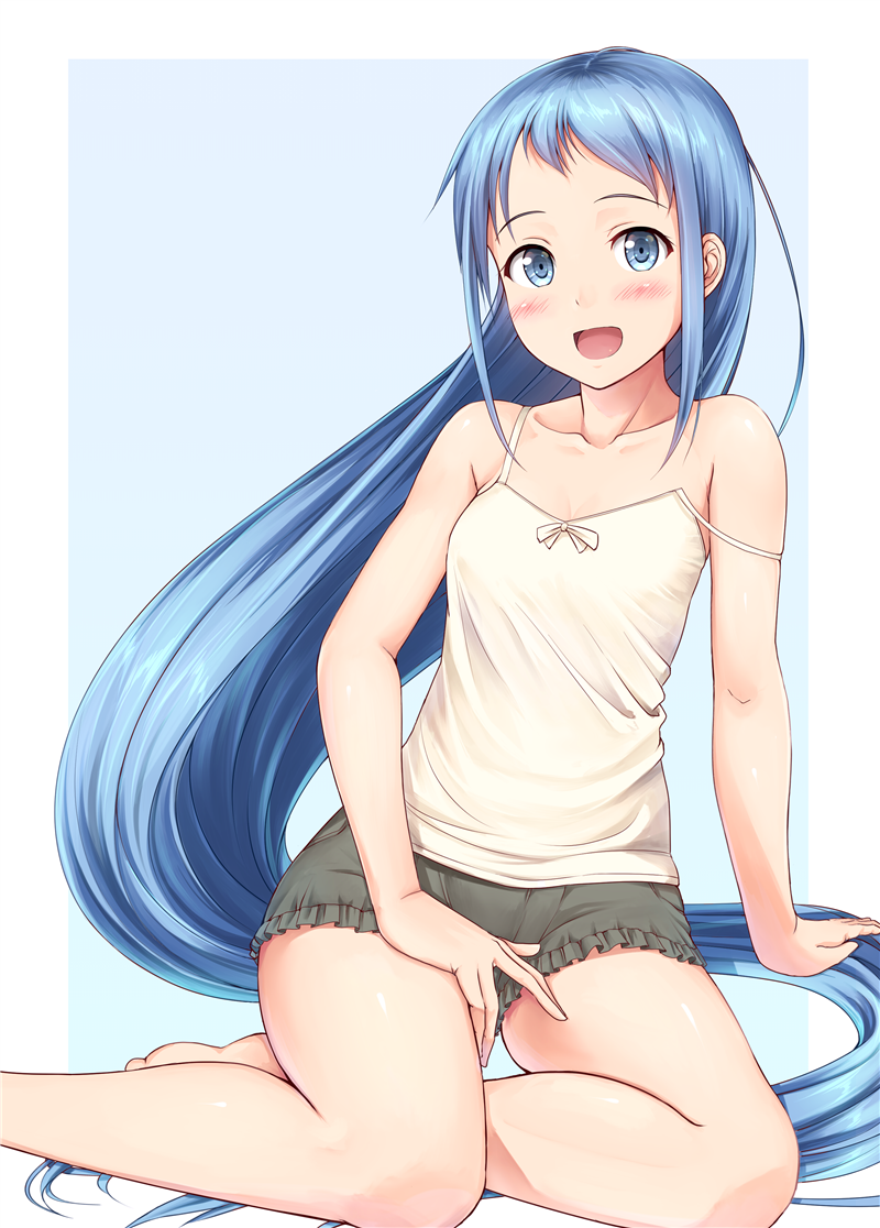 1girl :d absurdly_long_hair arm_support blue_eyes blue_hair breasts camisole casual cleavage hand_on_own_thigh ichikawa_feesu kantai_collection long_hair looking_at_viewer open_mouth samidare_(kantai_collection) short_shorts shorts simple_background sitting small_breasts smile solo strap_slip very_long_hair yokozuwari