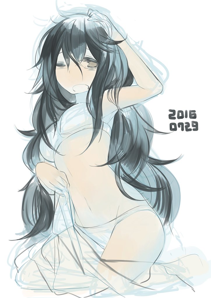 1girl arm_up bags_under_eyes bangs black_hair brown_eyes dated hair_between_eyes hand_up holding kneeling long_hair looking_at_viewer messy_hair navel one_eye_closed open_mouth original rayvon scratching_head see-through simple_background sketch solo thighs white_background