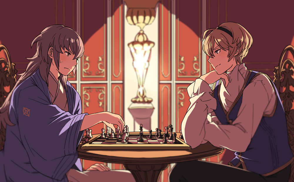 2boys ai-wa blonde_hair board_game chess chess_piece chessboard european_clothes fire_emblem fire_emblem_if hakama japanese_clothes leon_(fire_emblem_if) multiple_boys playing_games smile sweat takumi_(fire_emblem_if) white_hair