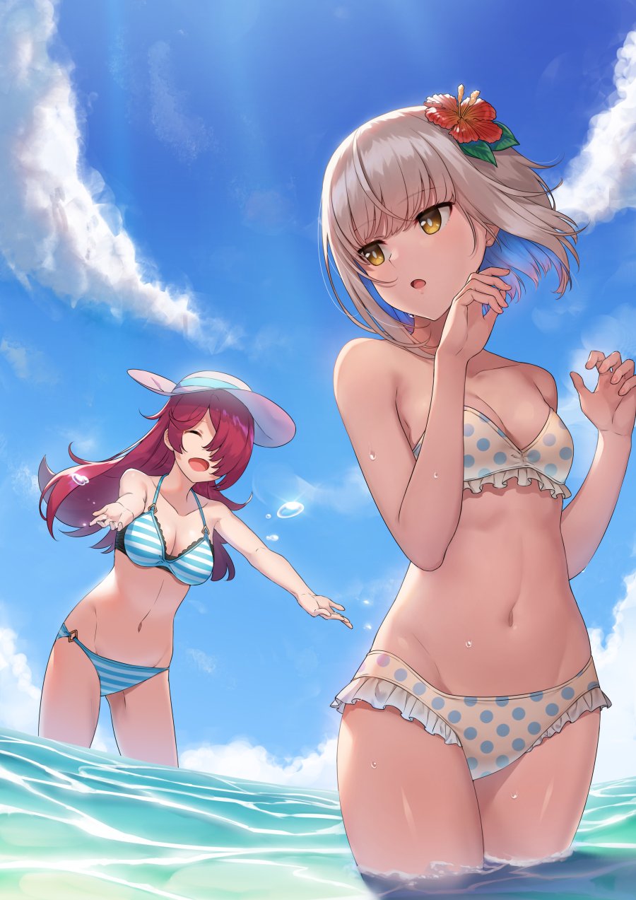 2girls :d bandeau bangs bare_shoulders bikini blue_sky breasts bright_pupils brown_eyes cleavage clouds cloudy_sky contrapposto day expressionless eyebrows_visible_through_hair fisheye flower frill_trim gorilla_(perricotento) hair_flower hair_ornament hair_over_one_eye hat highres medium_breasts multiple_girls o-ring_bikini o-ring_bottom o-ring_top open_mouth original outdoors outstretched_arms outstretched_hand polka_dot polka_dot_bikini redhead short_hair sky small_breasts smile splashing striped striped_bikini sun_hat sunlight swimsuit wading water_drop wet white_pupils