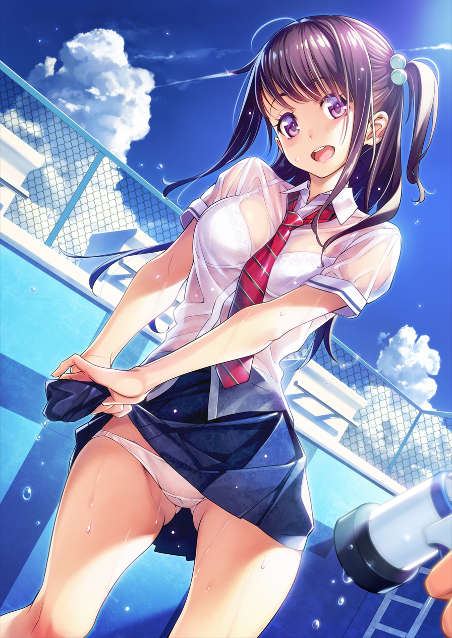 1girl :d blue_sky bra breasts chain-link_fence clouds cloudy_sky day dutch_angle fence gluteal_fold hair_bobbles hair_ornament highres ikeda_yasuhiro long_hair medium_breasts necktie one_side_up open_mouth original outdoors panties school_uniform see-through shirt sidelocks skirt sky smile solo_focus sunlight underwear violet_eyes water_drop wet wet_clothes wet_shirt white_bra white_panties wringing_clothes wringing_skirt