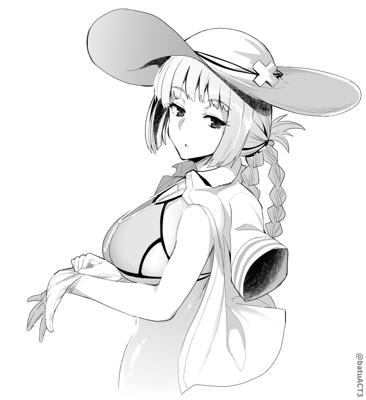 1girl batsu bikini braid breasts expressionless fate/grand_order fate_(series) florence_nightingale_(fate/grand_order) from_side gloves greyscale half-closed_eyes hat large_breasts looking_at_viewer monochrome putting_on_gloves shirt_on_shoulders sidelocks simple_background solo sun_hat swimsuit twitter_username under_boob upper_body